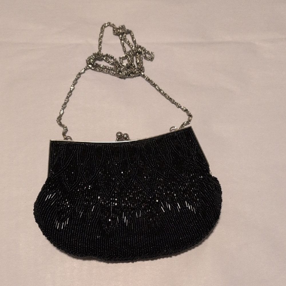 Elegant LaRegale Black Beaded Evening Bag Silver Chain Shoulder Strap